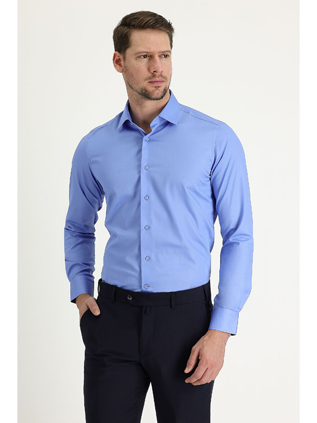 Mavi Uzun Kol Non Iron Slim Fit Dar Kesim Pamuklu Gömlek