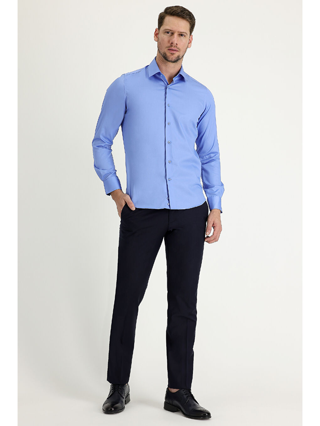 Mavi Uzun Kol Non Iron Slim Fit Dar Kesim Pamuklu Gömlek-1