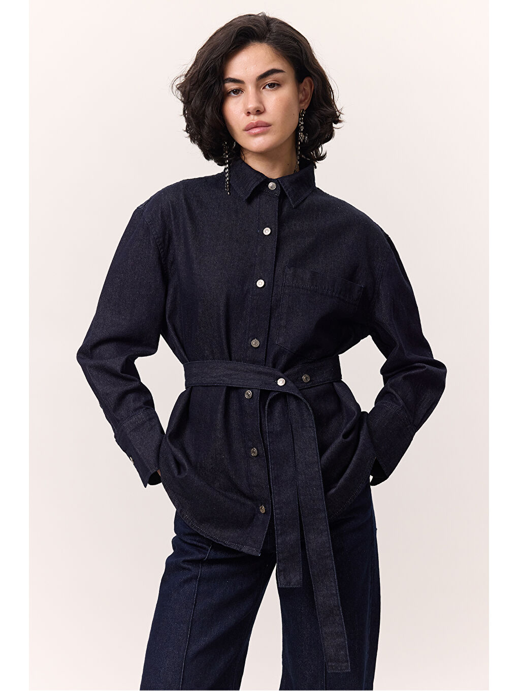 Kemer Detaylı Denım Gömlek Derin Mavi-4