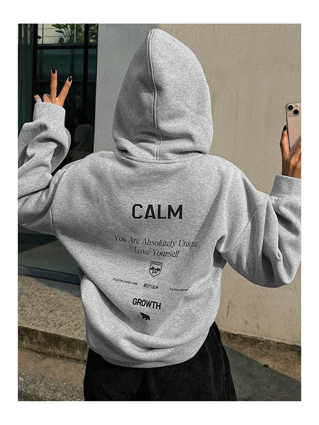 Kadın Gri Calm Growth Baskılı Oversize Kapüşonlu Sweatshirt-3