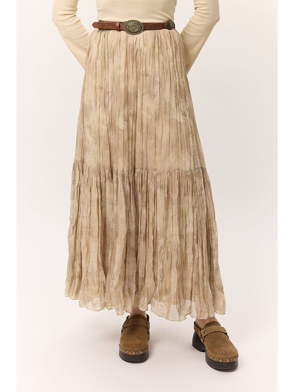 Bej Desenli Crush Piliseli Etek Nova-3