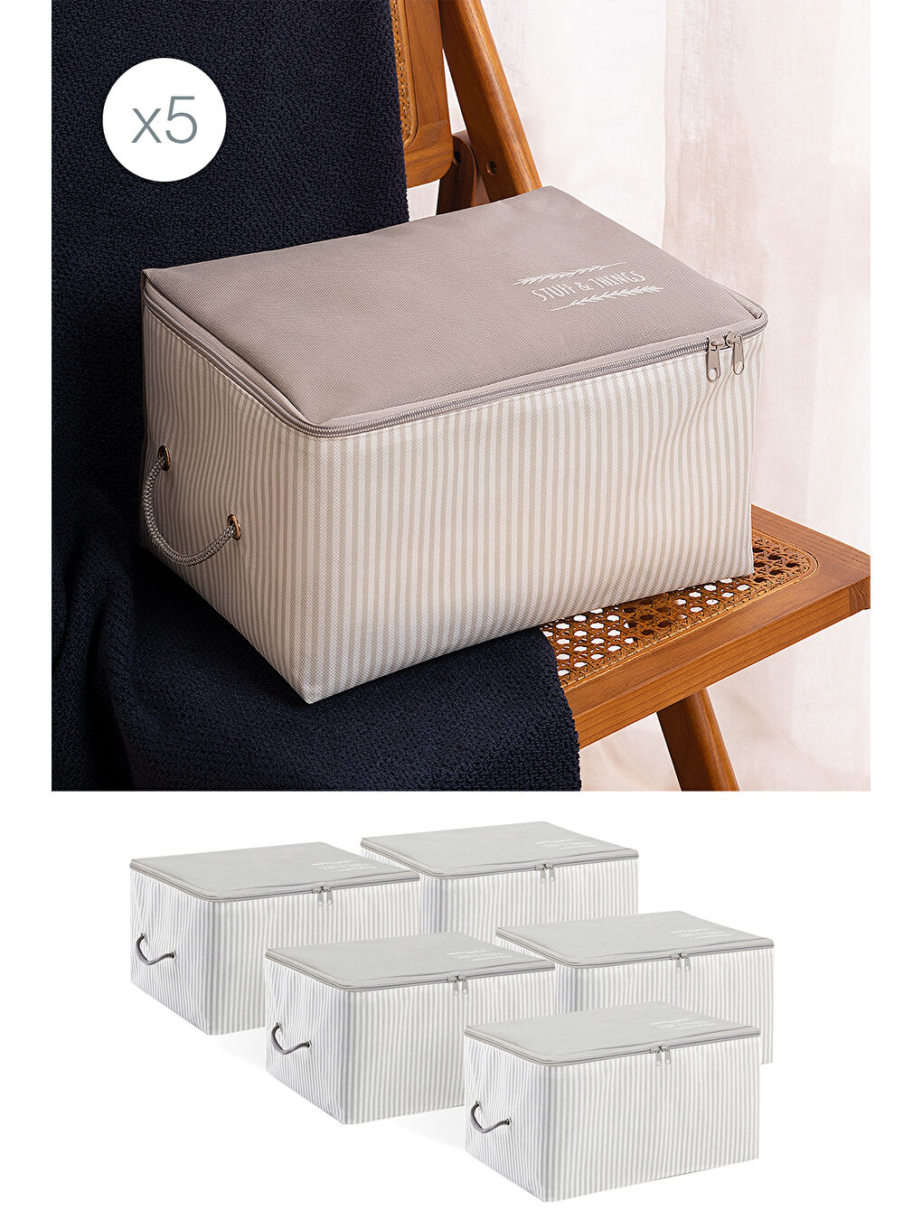 5'li Küçük Boy Gri Çizgili Stuff & Things Hurç Set 30 x 22 x 18 cm