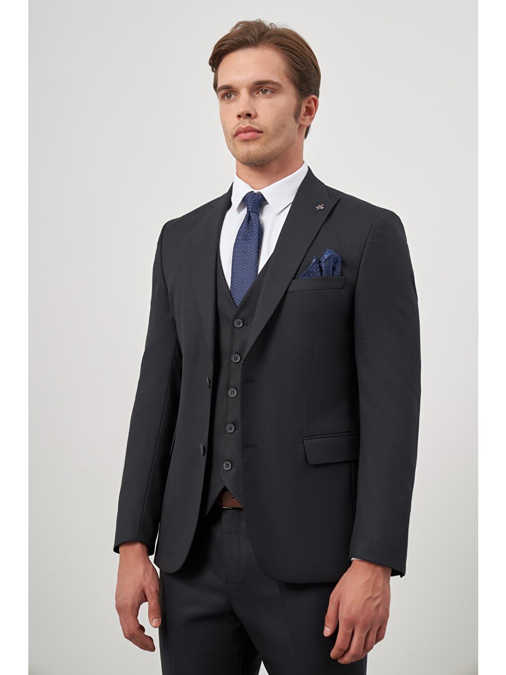 Koyu Lacivert Kılıç Yaka Yelekli 6 Drop Slim Fit Classic Takım Elbise 1001245156-4
