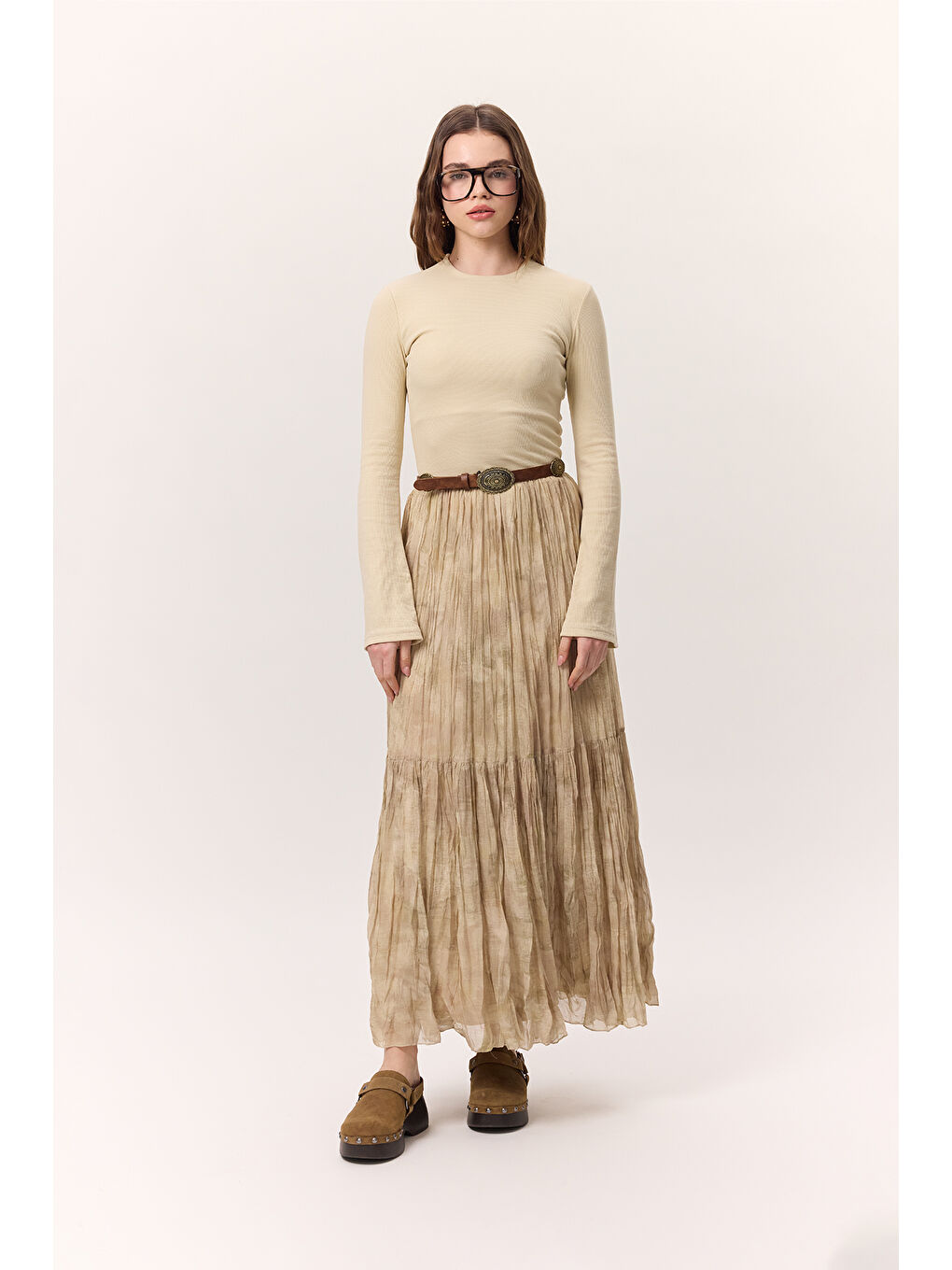 Bej Desenli Crush Piliseli Etek Nova-4