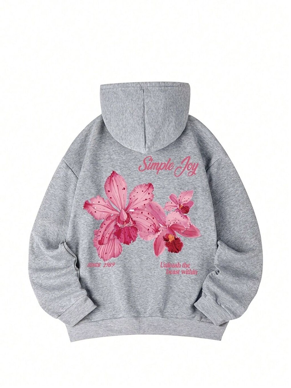 Kadın Gri Simple Joy Baskılı Oversize Kapüşonlu Sweatshirt Hoodie