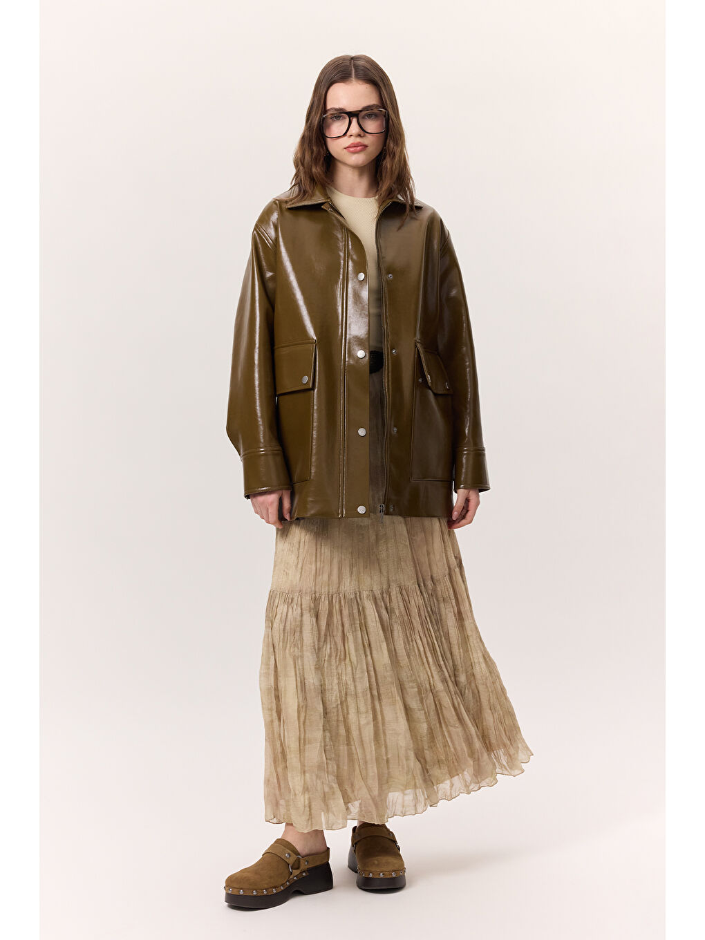 Bej Desenli Crush Piliseli Etek Nova-5