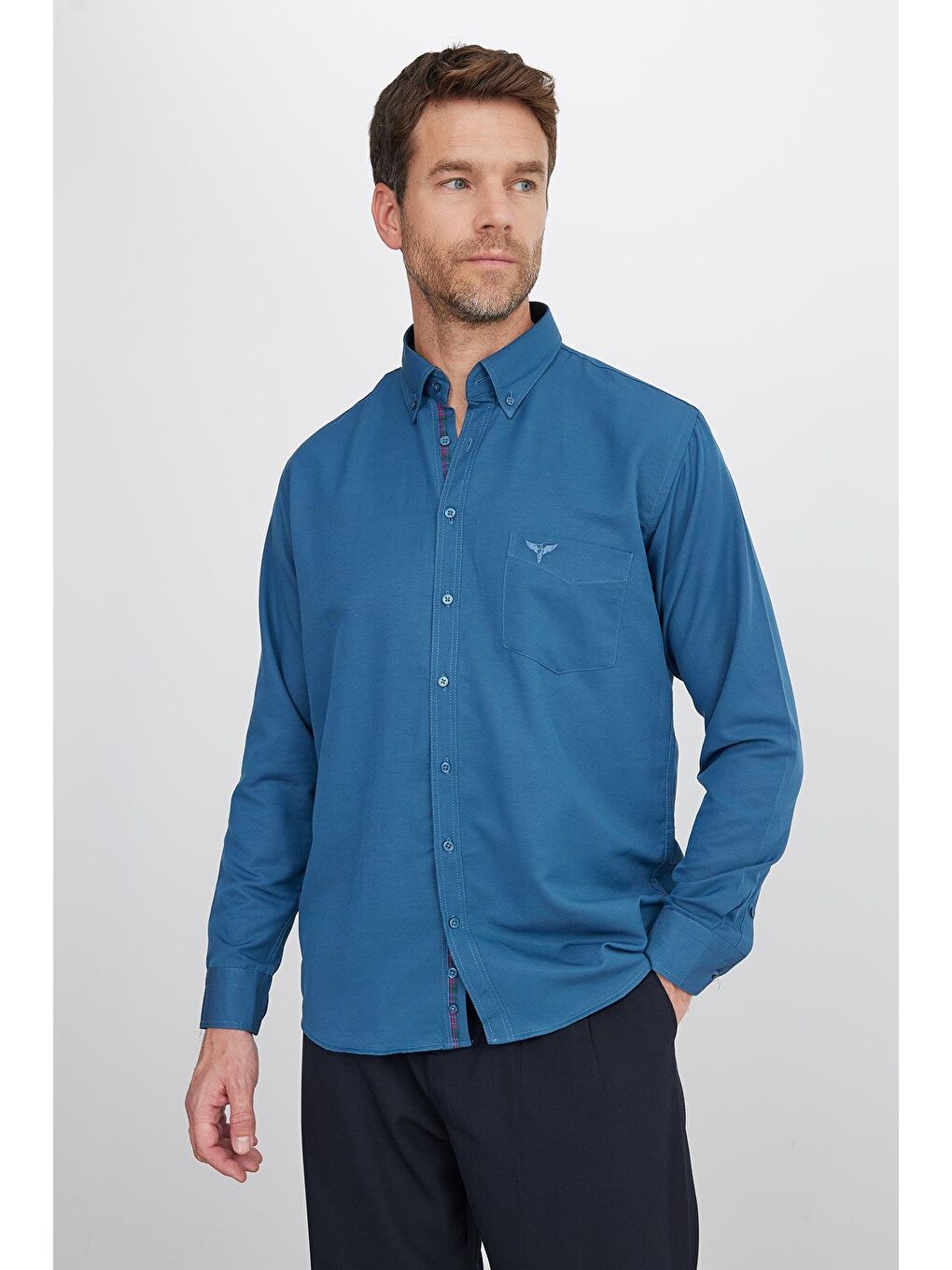 Erkek Regular Fit Klasik Kesim Pamuklu Oxford Doku Petrol Renk Düğmeli Yaka Gömlek-1