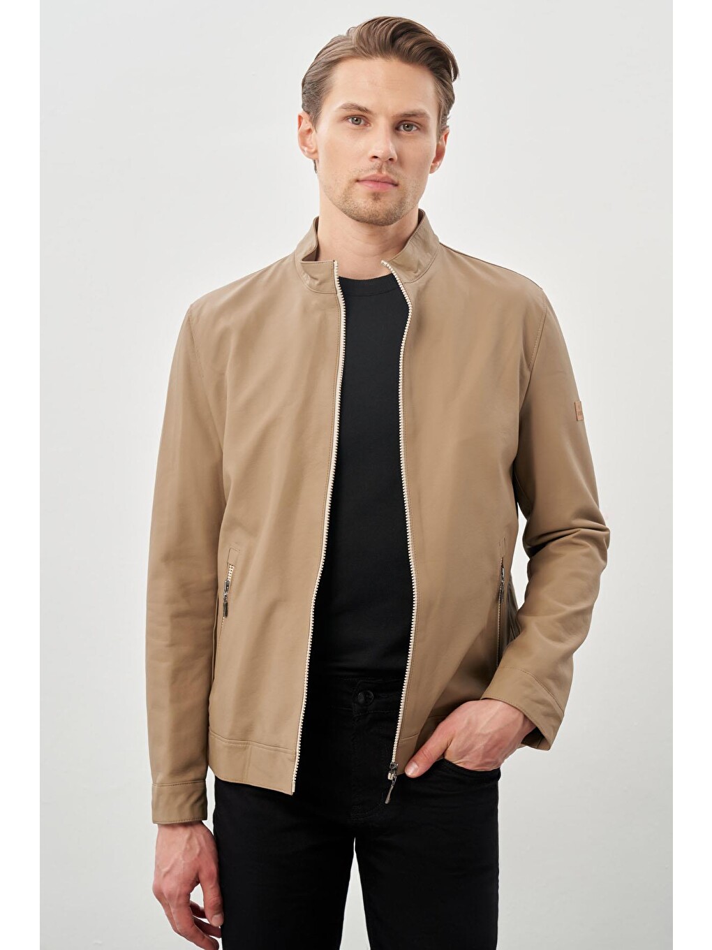 Bej Suni Deri Hakim Yaka Düz Yırtmaçsız Tam Astar Slim Fit Casual Deri Görünümlü Mont 1038245152-2