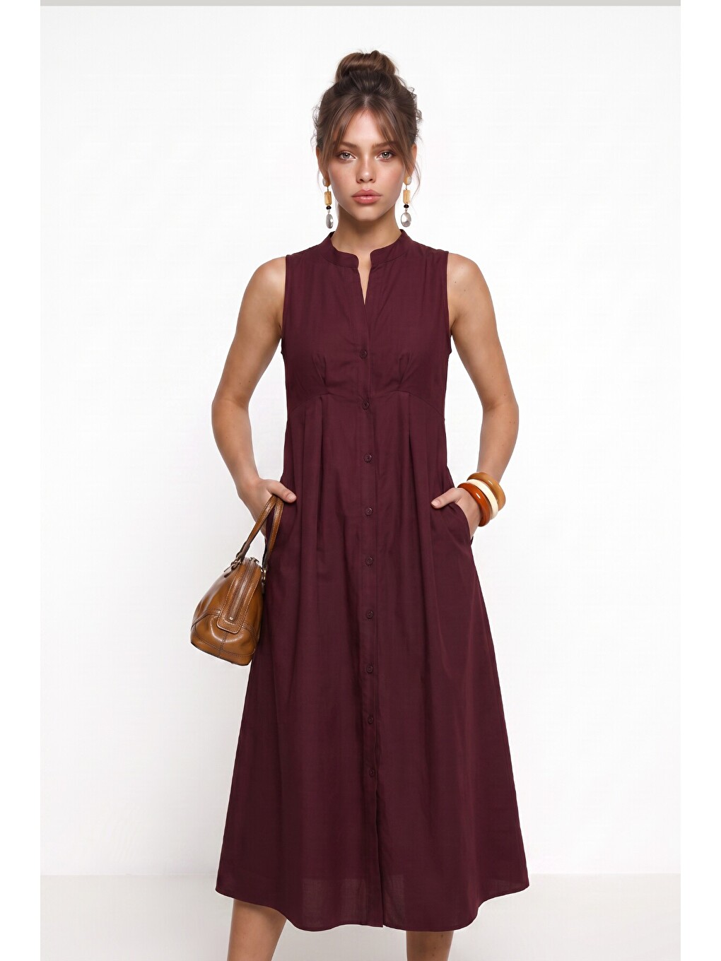 Kolsuz Midi Poplin Gömlek Elbise Bordo Lmx0093-3