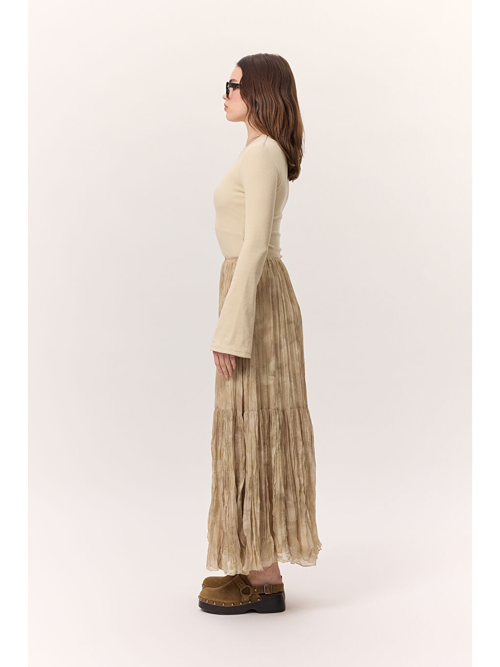 Bej Desenli Crush Piliseli Etek Nova-6