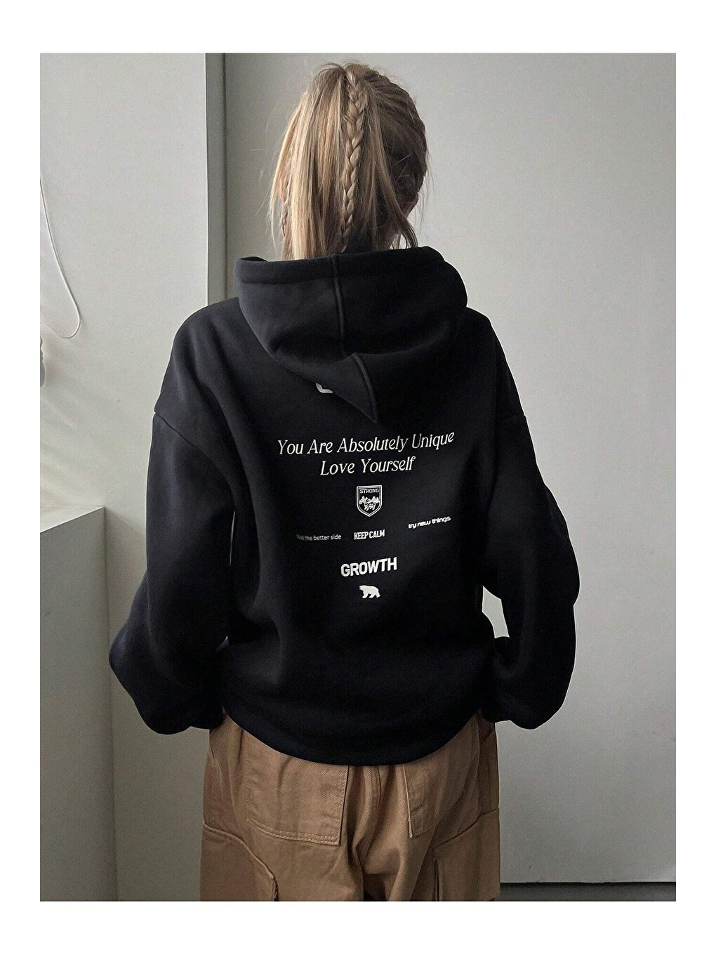 Kadın Siyah Calm Growth Baskılı Oversize Kapüşonlu Sweatshirt-2