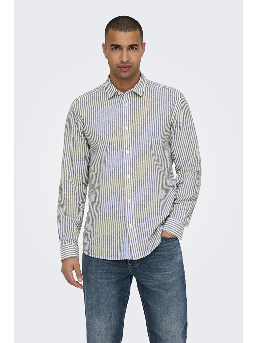 Gri Onscaiden Çizgili Pamuk Ve Keten Karışımlı Slim Fit Gömlek 22026601