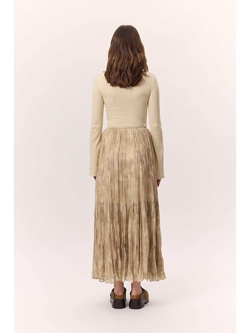 Bej Desenli Crush Piliseli Etek Nova-7