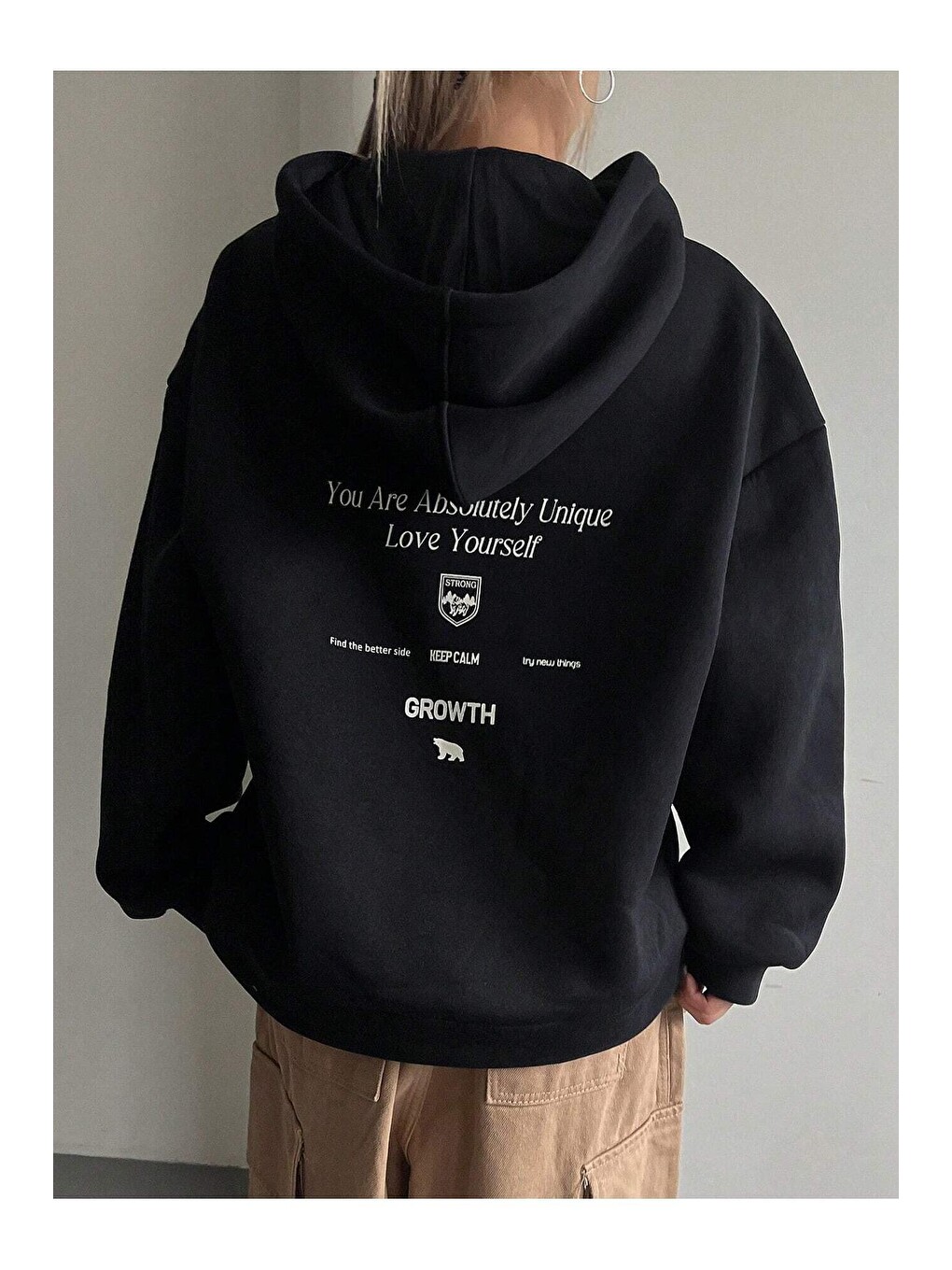 Kadın Siyah Calm Growth Baskılı Oversize Kapüşonlu Sweatshirt-3