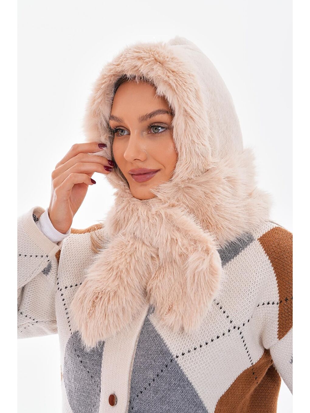 Suni Pelüş Kürklü Boyun Bağlamalı Atkılı Bej Şapka Bere BYN04