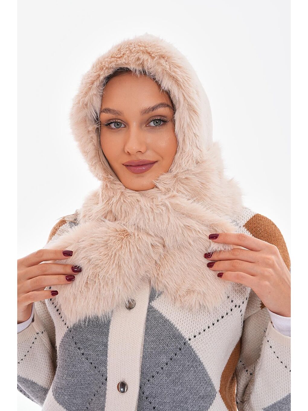 Suni Pelüş Kürklü Boyun Bağlamalı Atkılı Bej Şapka Bere BYN04-1