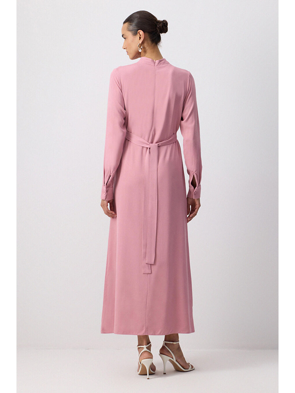 Pembe Belden Bağlamalı Viskon Elbise-3