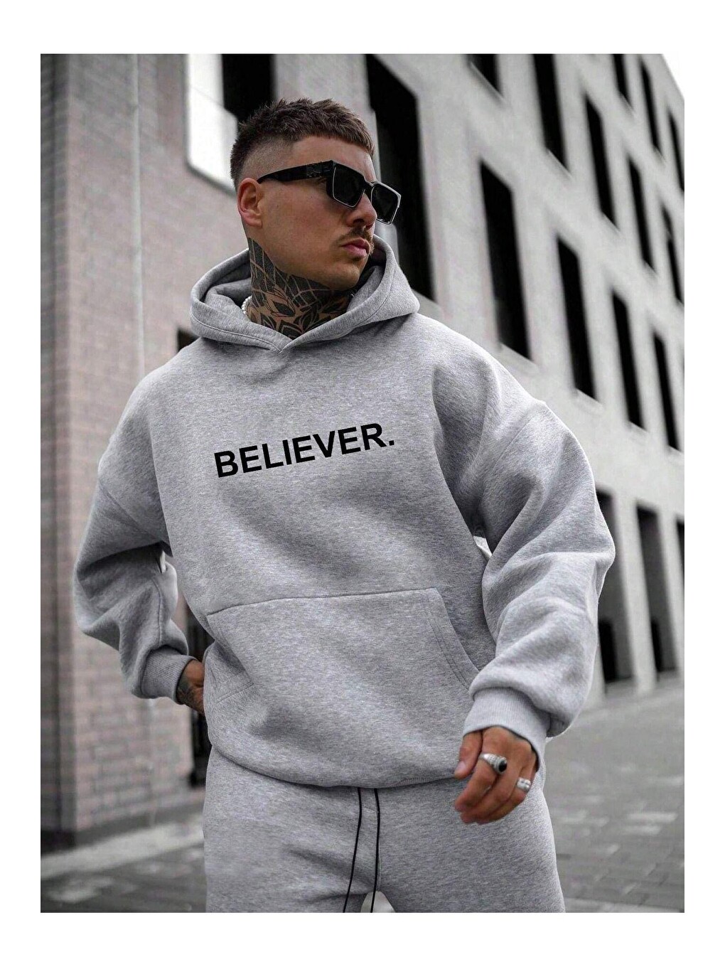 Gri Believer Baskılı Oversize Kapüşonlu Erkek Uzun Kollu Hoodie-3