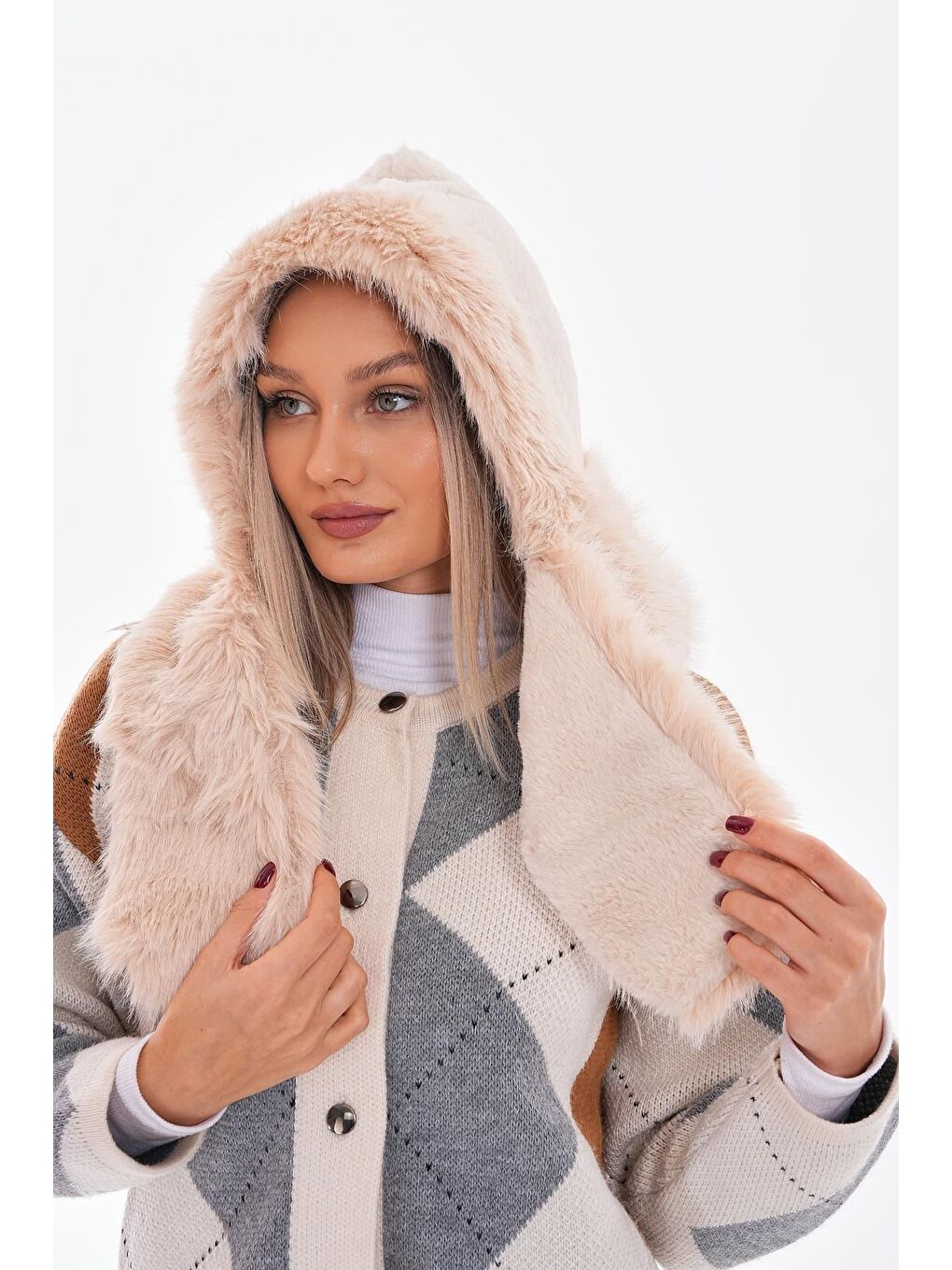 Suni Pelüş Kürklü Boyun Bağlamalı Atkılı Bej Şapka Bere BYN04-3