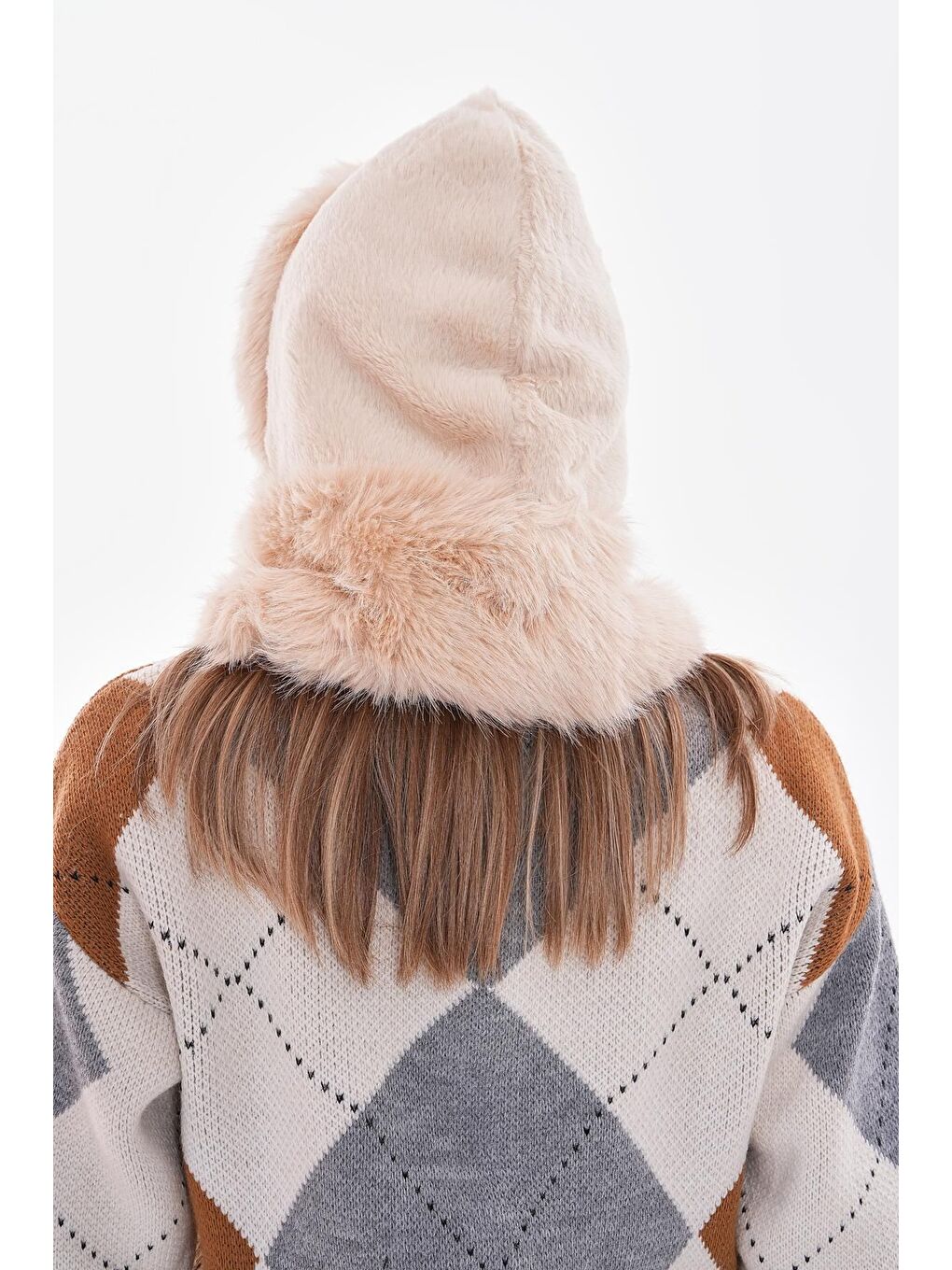 Suni Pelüş Kürklü Boyun Bağlamalı Atkılı Bej Şapka Bere BYN04-4