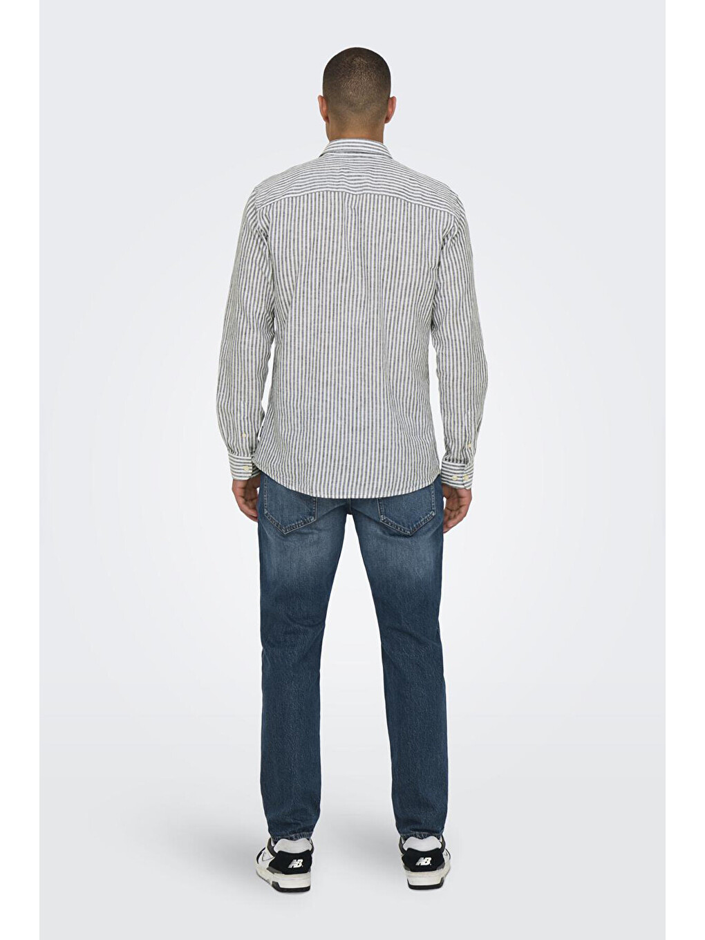 Gri Onscaiden Çizgili Pamuk Ve Keten Karışımlı Slim Fit Gömlek 22026601-2