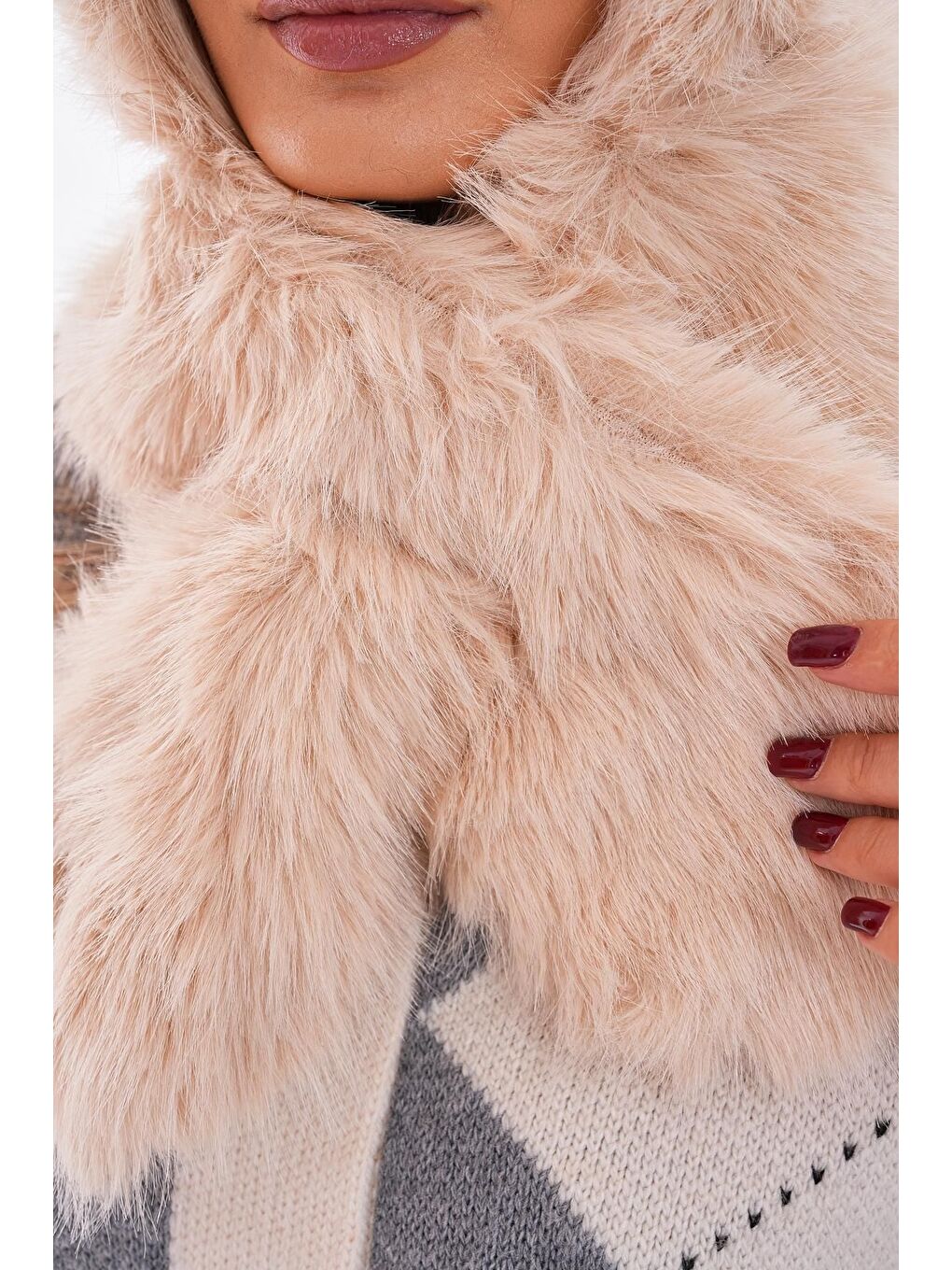 Suni Pelüş Kürklü Boyun Bağlamalı Atkılı Bej Şapka Bere BYN04-5