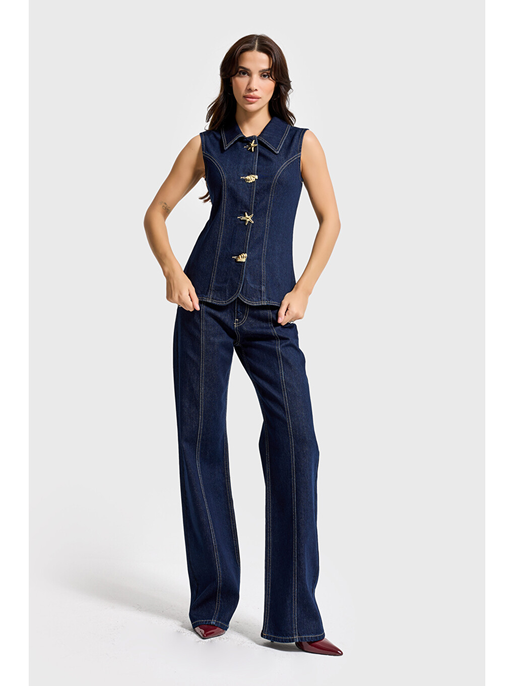 Kadın İndigo Renk 7s6-50 Önü Tasarım Düğmeli Denim Sıfır Kol Yelek