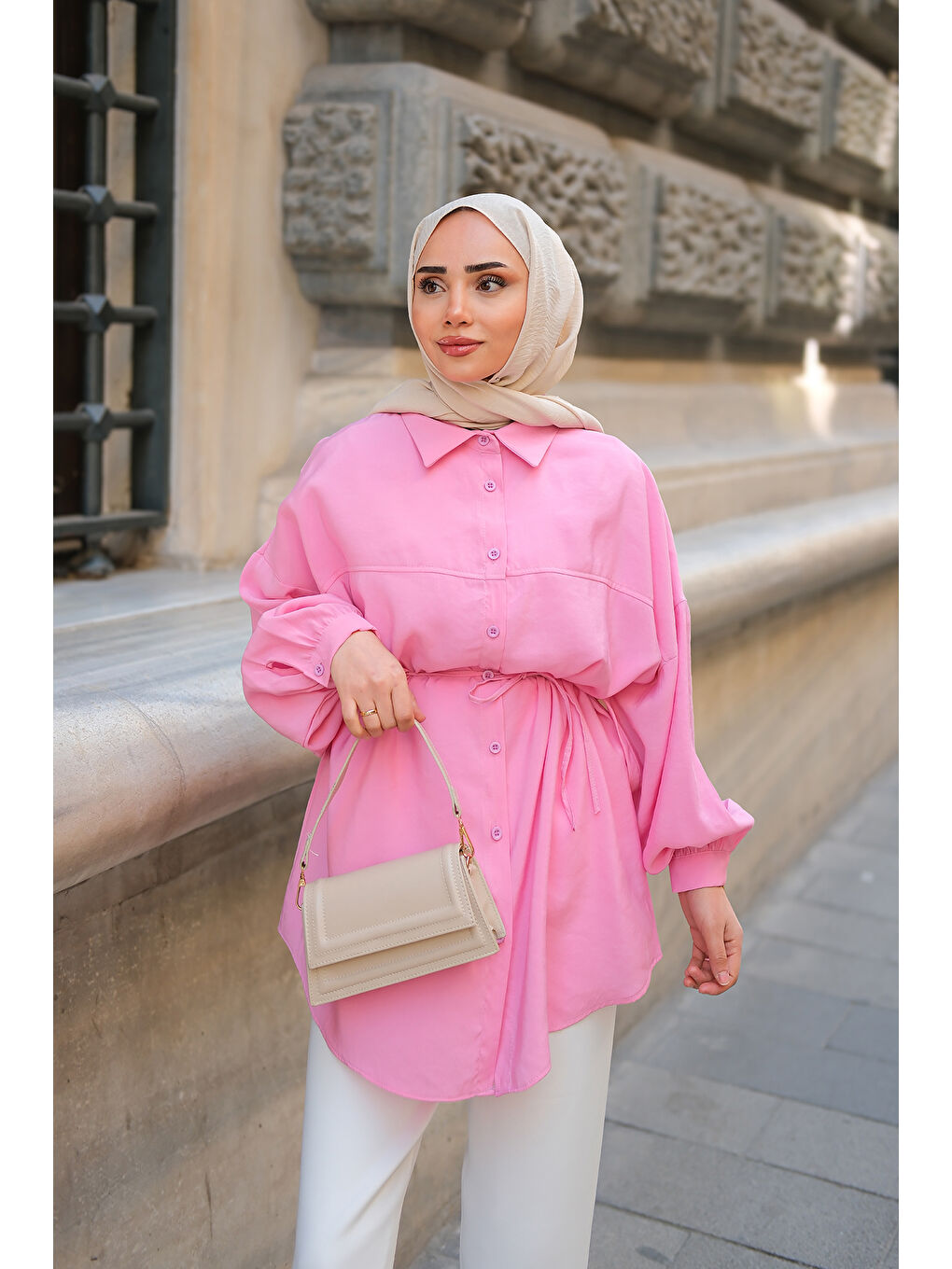 Kadın Bel Bağlamalı Gömlek Pembe