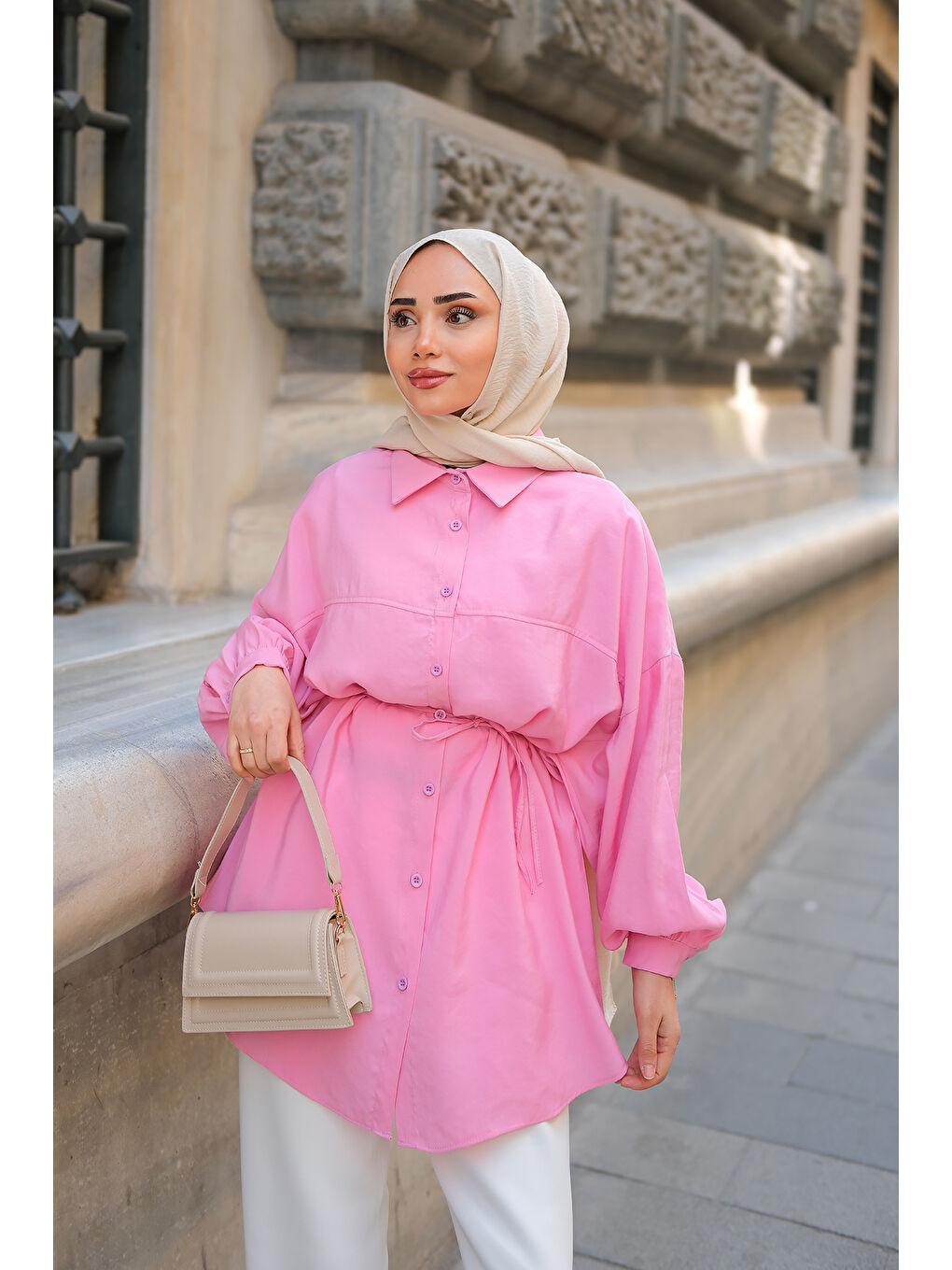 Kadın Bel Bağlamalı Gömlek Pembe-2
