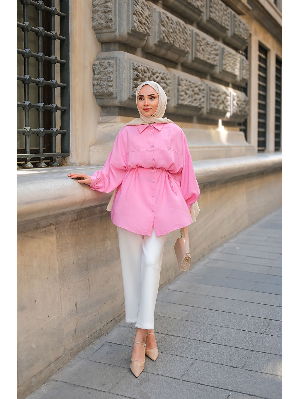 Kadın Bel Bağlamalı Gömlek Pembe-3