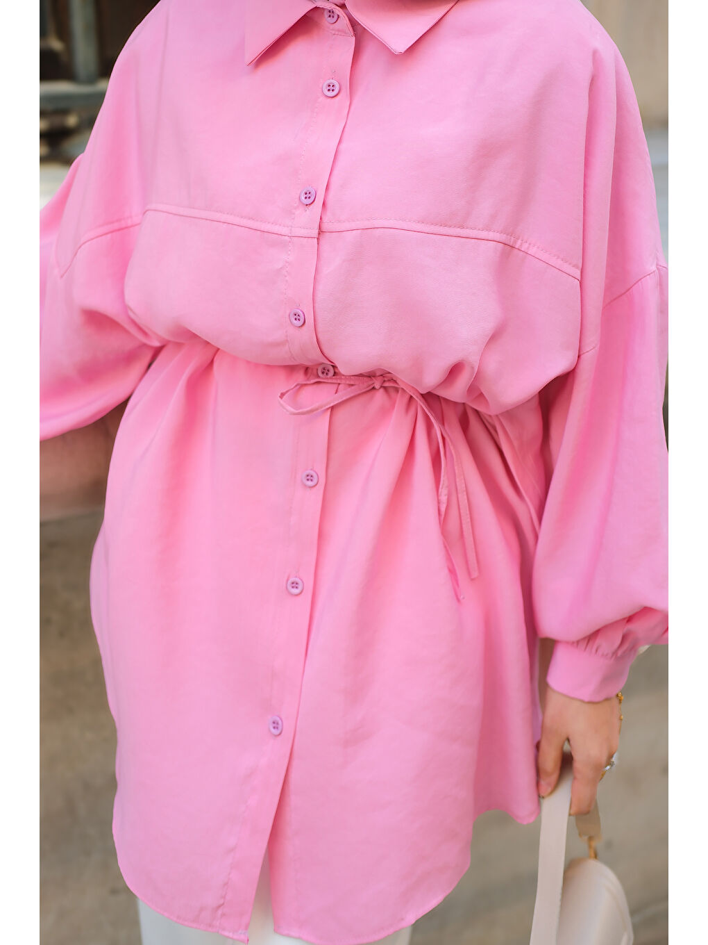 Kadın Bel Bağlamalı Gömlek Pembe-4