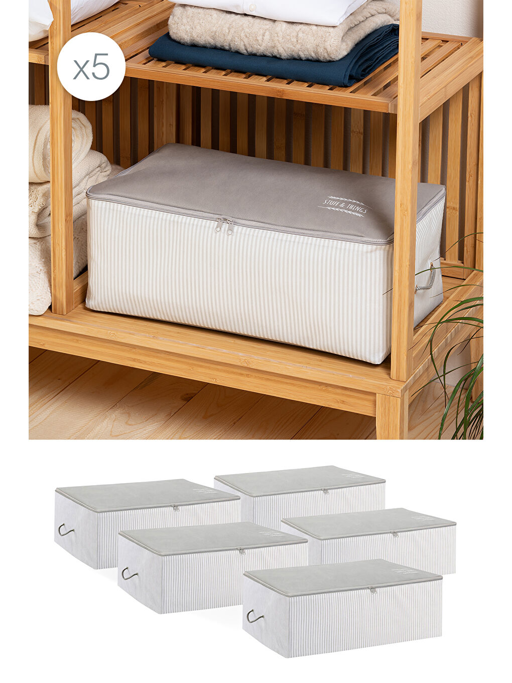5'li Orta Boy Gri Çizgili Stuff & Things Hurç Set 52 x 28 x 21 cm