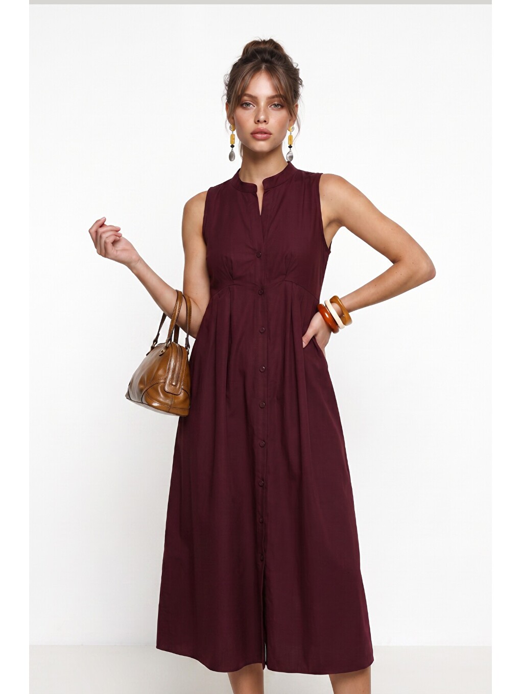 Kolsuz Midi Poplin Gömlek Elbise Bordo Lmx0093-4