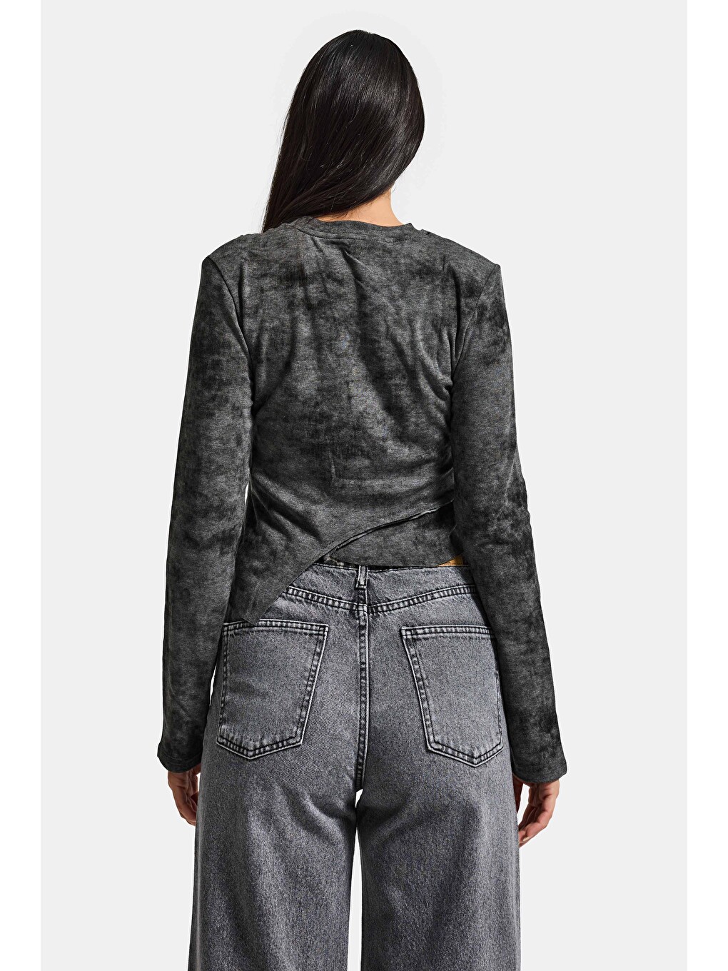 Kadın Antrasit Gri W5 Asimetrik Kesim Drop Detaylı Özel Tasarım Crop Top-1