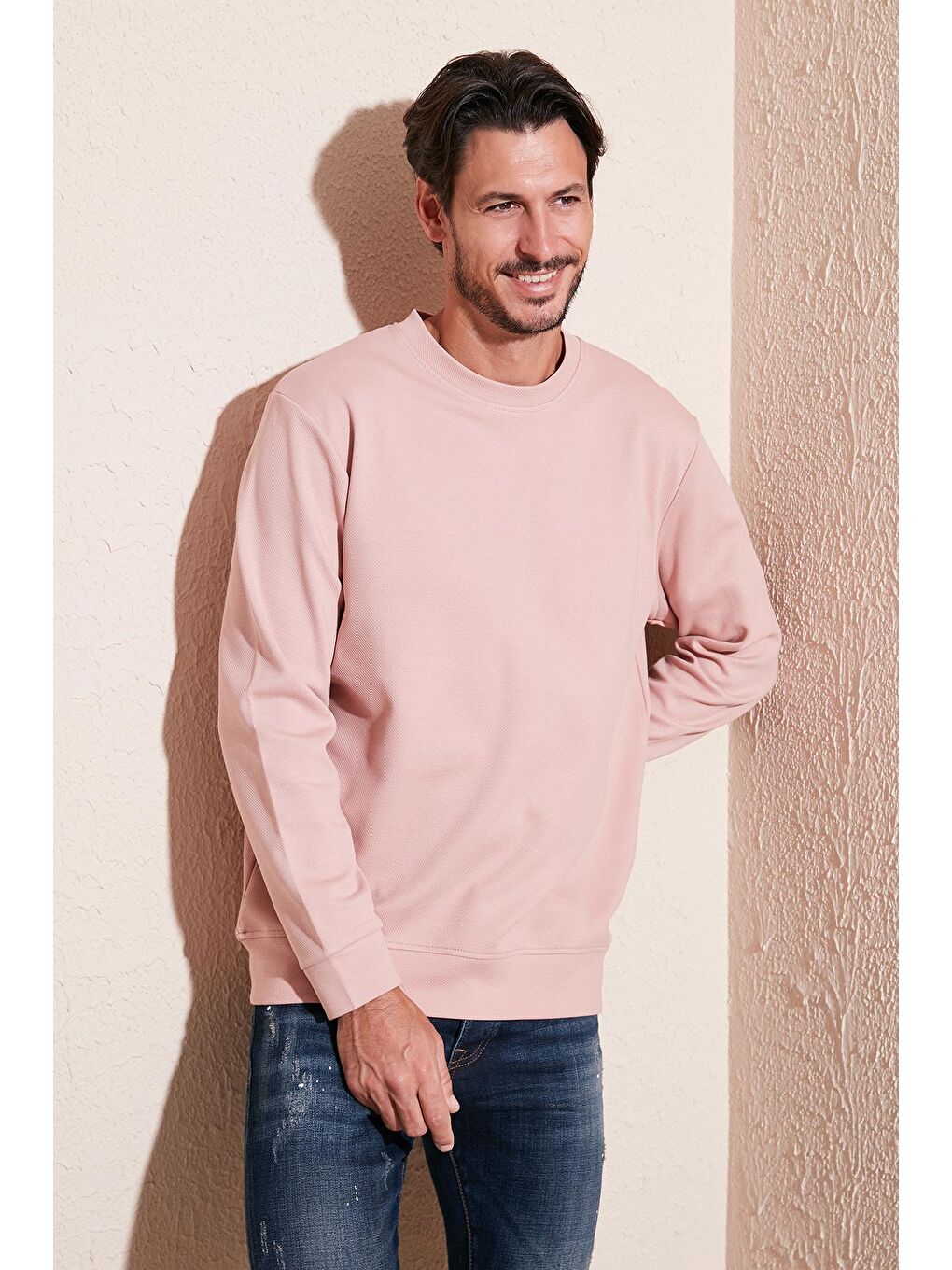 Buratti Pudra Pembe Pamuklu Bisiklet Yaka Regular Fit Basic Erkek Sweatshirt 5905521