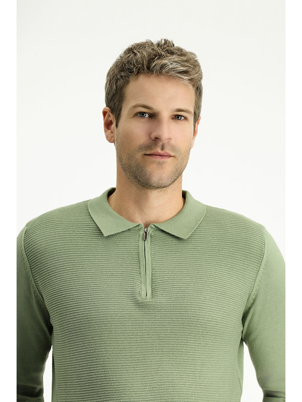 Haki Polo Yaka Regular Fit Fermuarlı Desenli Pamuklu Triko Kazak-1