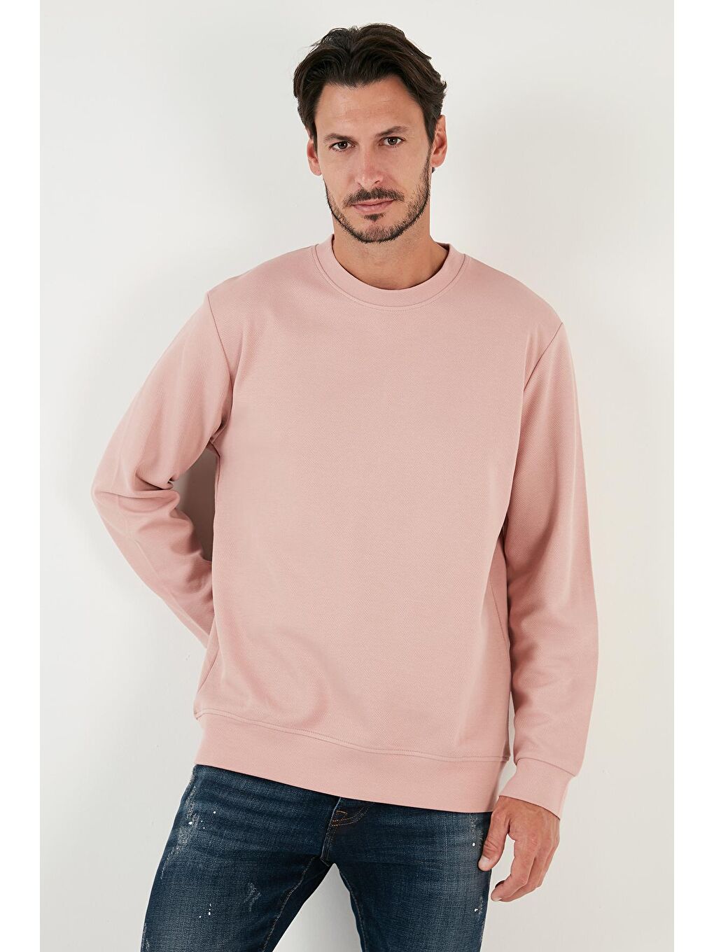 Buratti Pudra Pembe Pamuklu Bisiklet Yaka Regular Fit Basic Erkek Sweatshirt 5905521 - 3