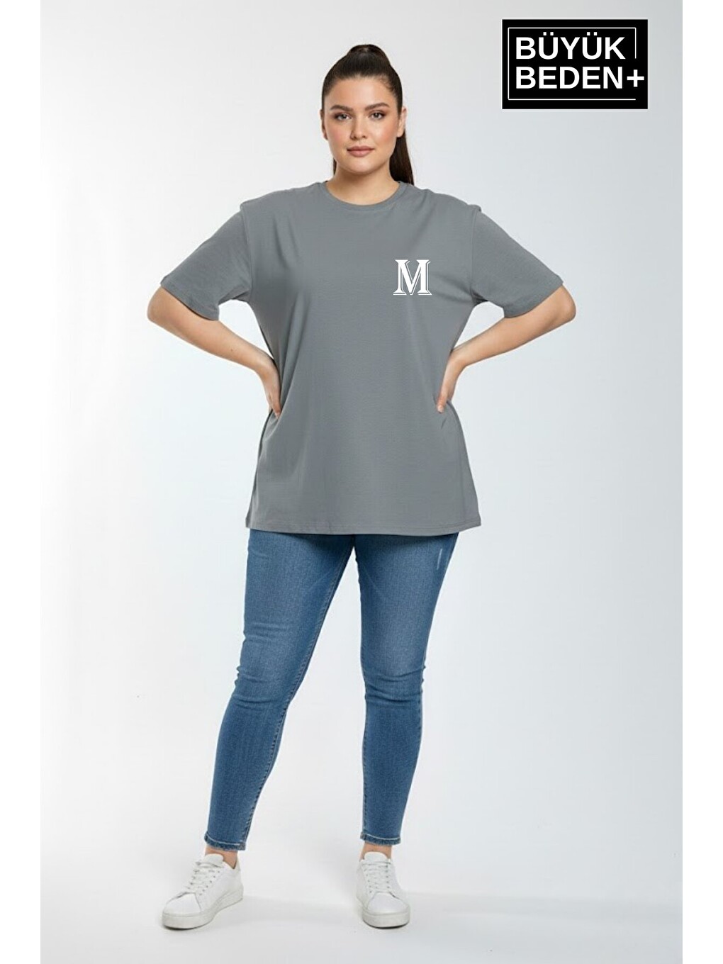 Gri Kadın Büyük Beden M Baskılı 3xl-6xl Bisiklet Yaka Tshırt SPR26BTSK510-12