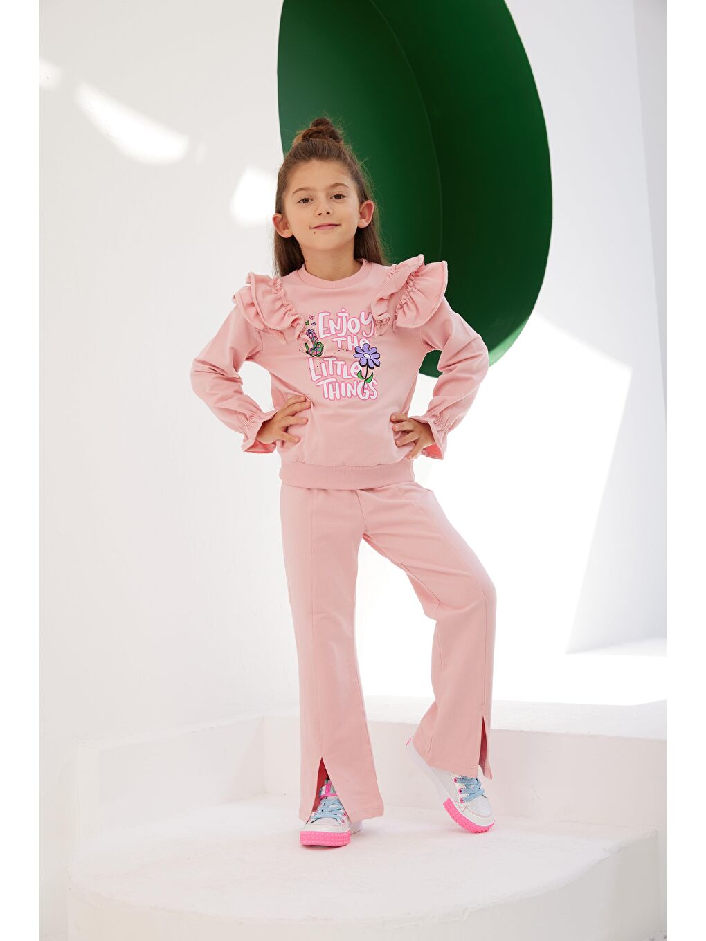 Little Star Pembe Kız Çocuk Fistolu Aksesuarlı Fırfırlı SweatShirt