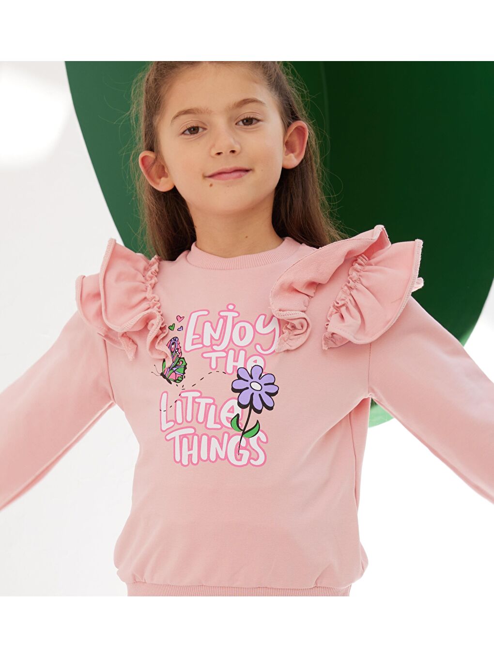 Little Star Pembe Kız Çocuk Fistolu Aksesuarlı Fırfırlı SweatShirt - 1