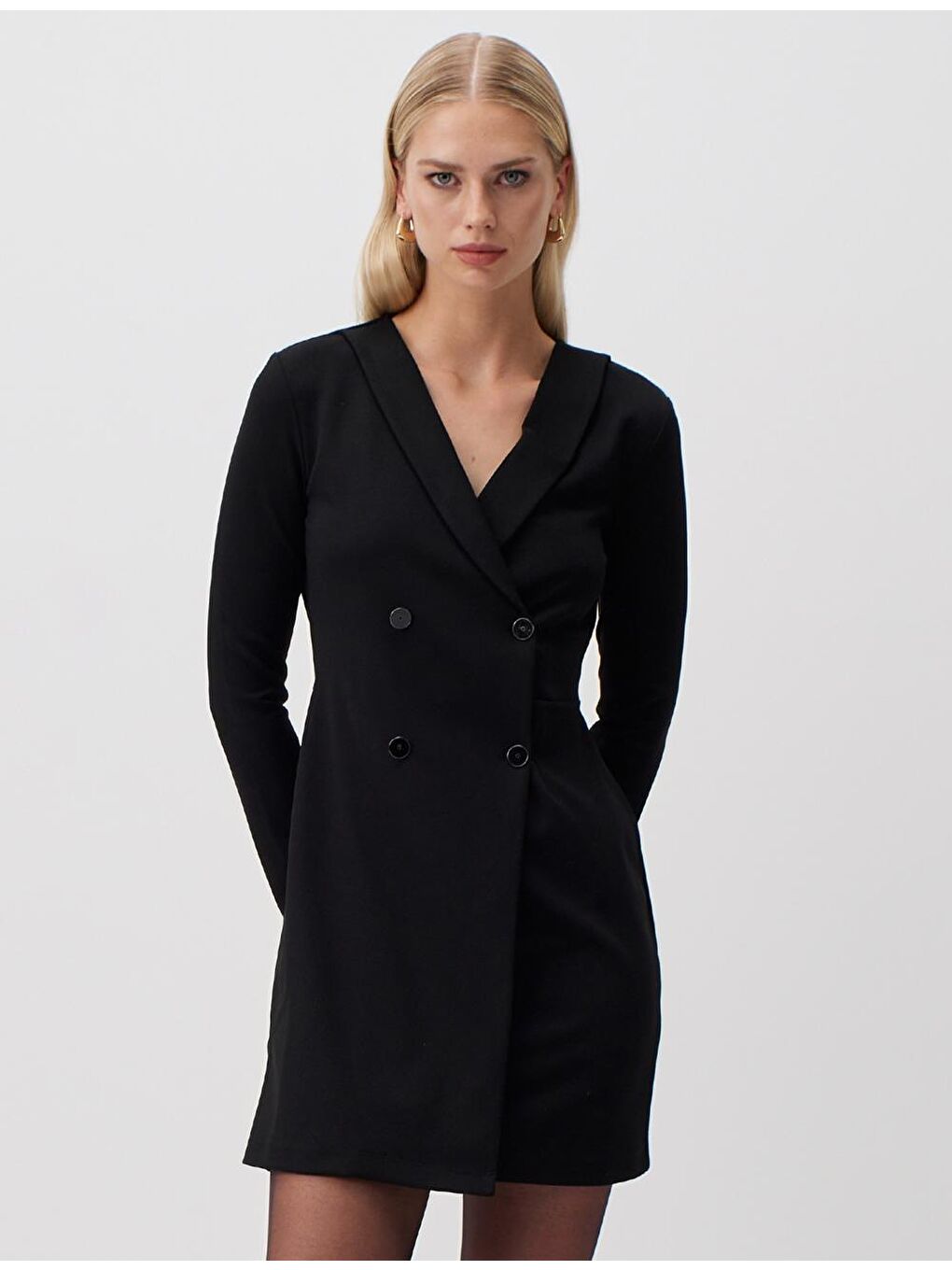 Siyah Kruvaze Yaka Düğmeli Mini Ceket Elbise