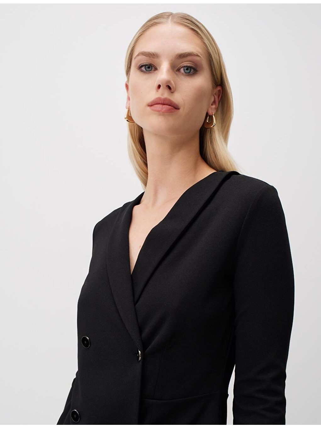 Siyah Kruvaze Yaka Düğmeli Mini Ceket Elbise-1