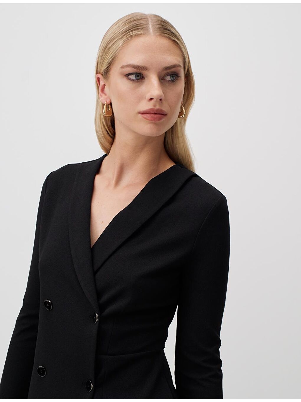 Siyah Kruvaze Yaka Düğmeli Mini Ceket Elbise-2