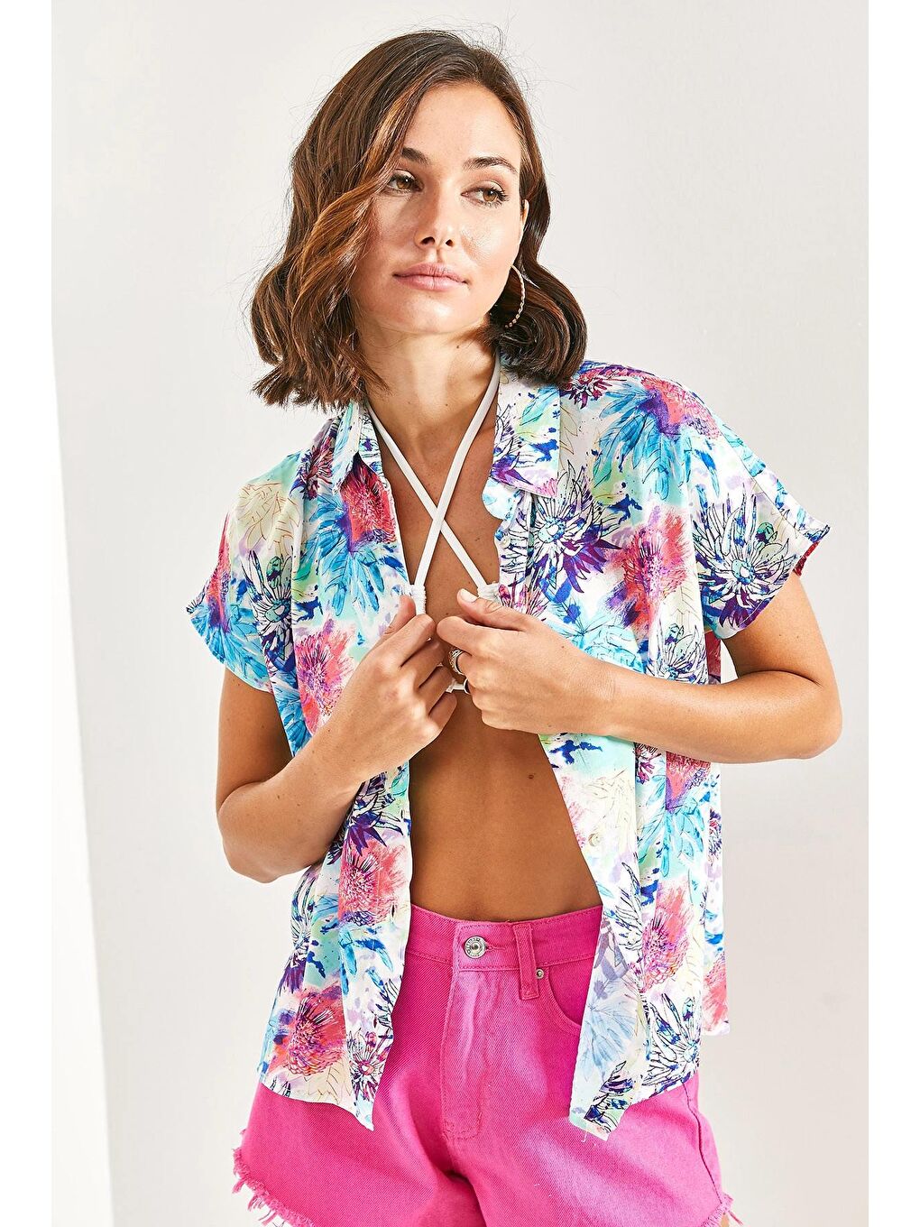 Turkuaz Kadın Yarasa Kol Multi Desenli Viskon Gömlek-2