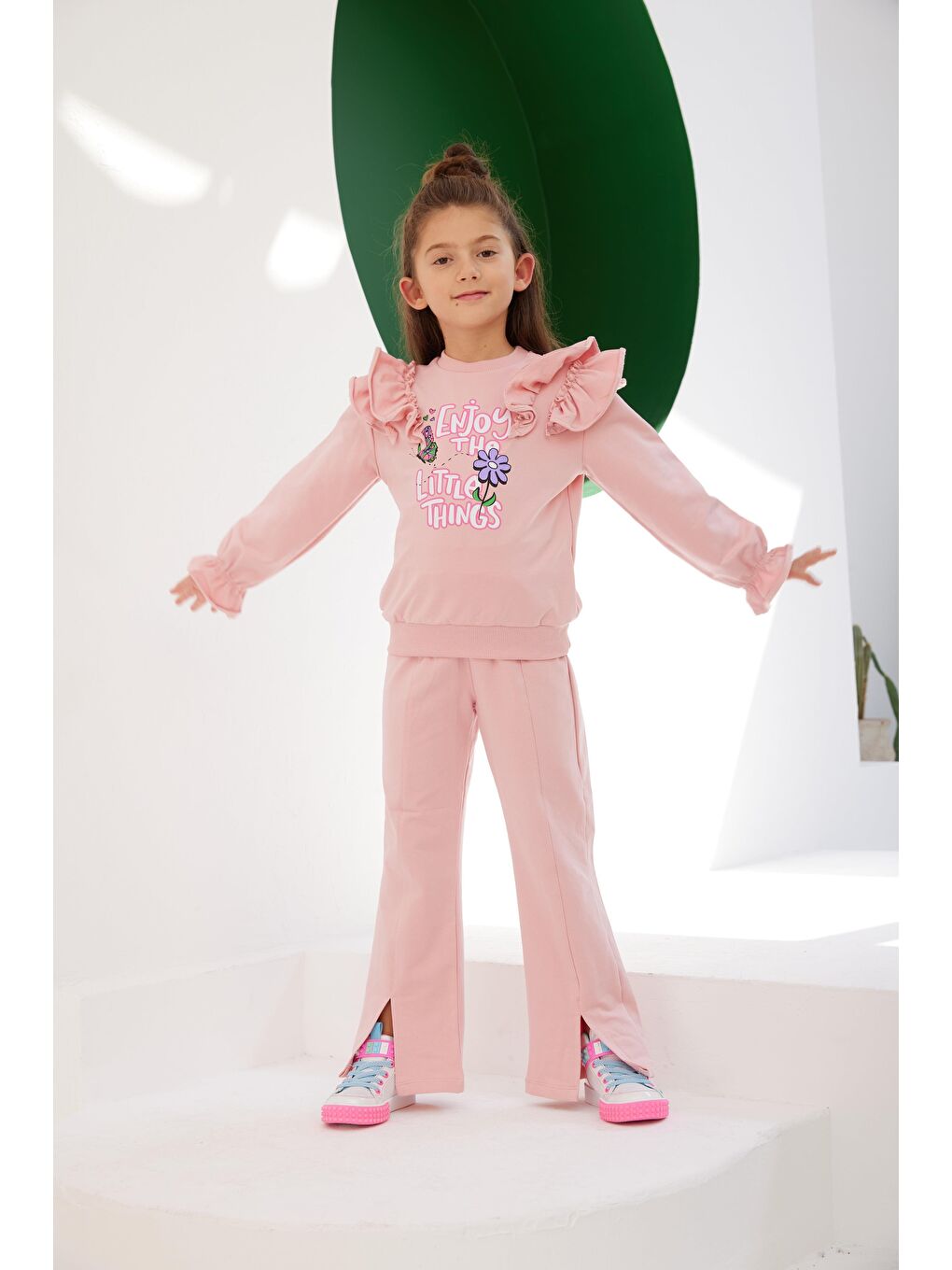 Little Star Pembe Kız Çocuk Fistolu Aksesuarlı Fırfırlı SweatShirt - 2