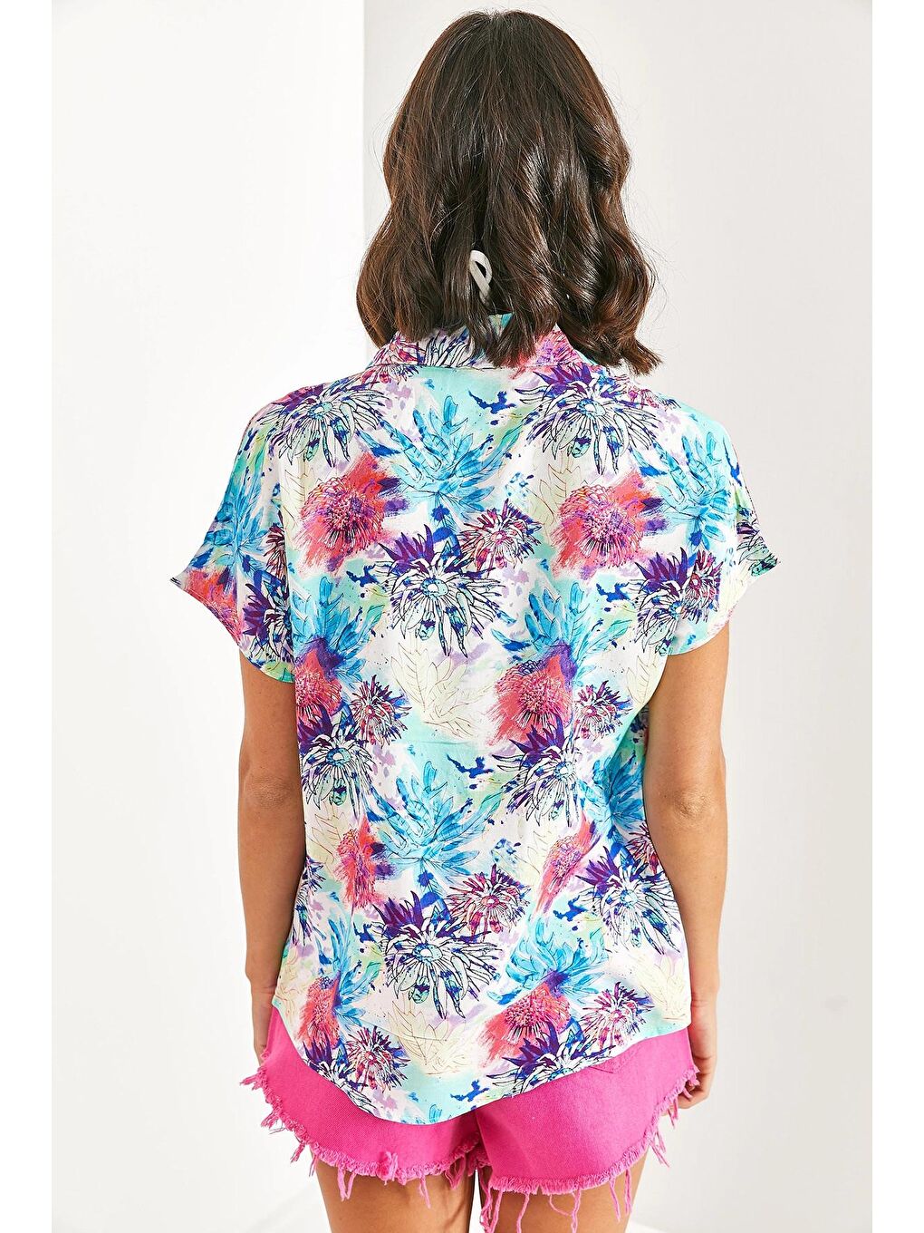 Turkuaz Kadın Yarasa Kol Multi Desenli Viskon Gömlek-3