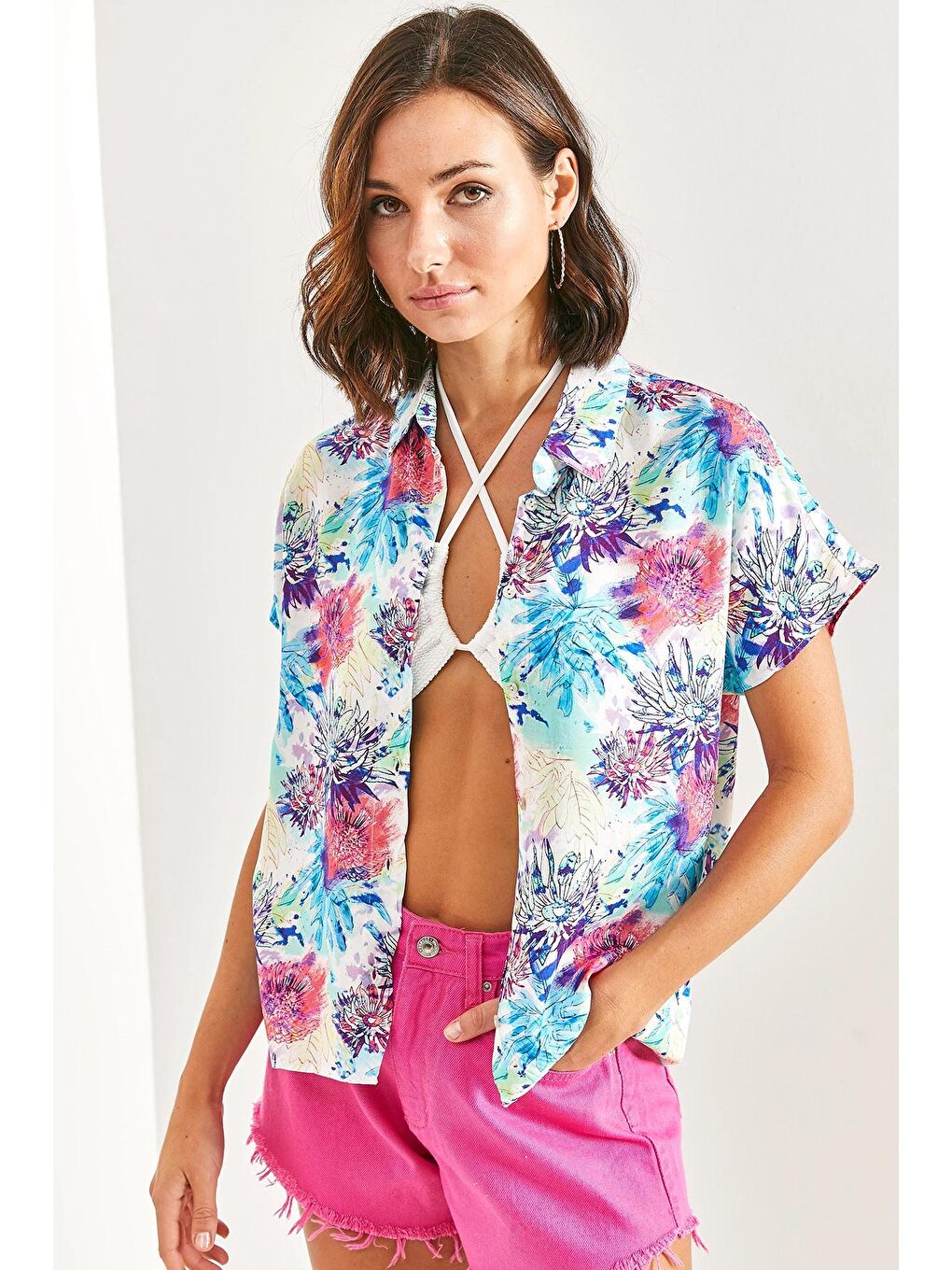 Turkuaz Kadın Yarasa Kol Multi Desenli Viskon Gömlek-4