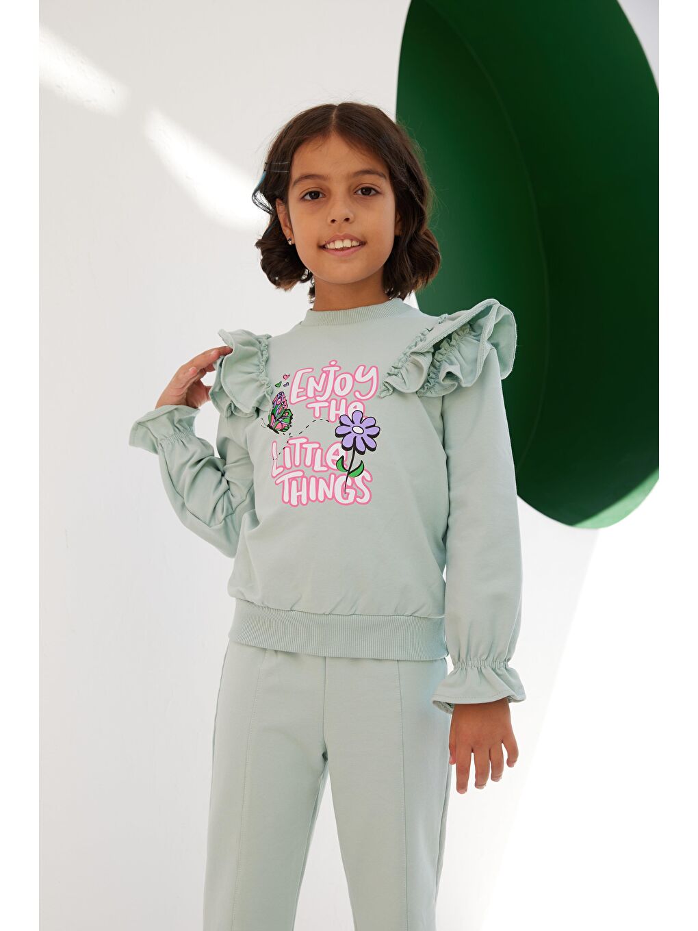 Yeşil Kız Çocuk Fistolu Aksesuarlı Fırfırlı SweatShirt