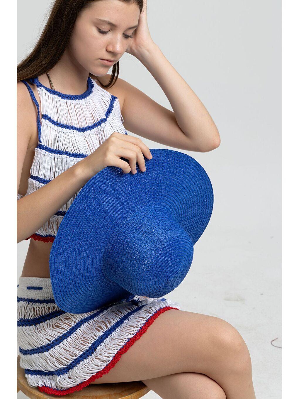 Mavi Kadın Saks Geniş Hasır Şapka Hsr2005-1