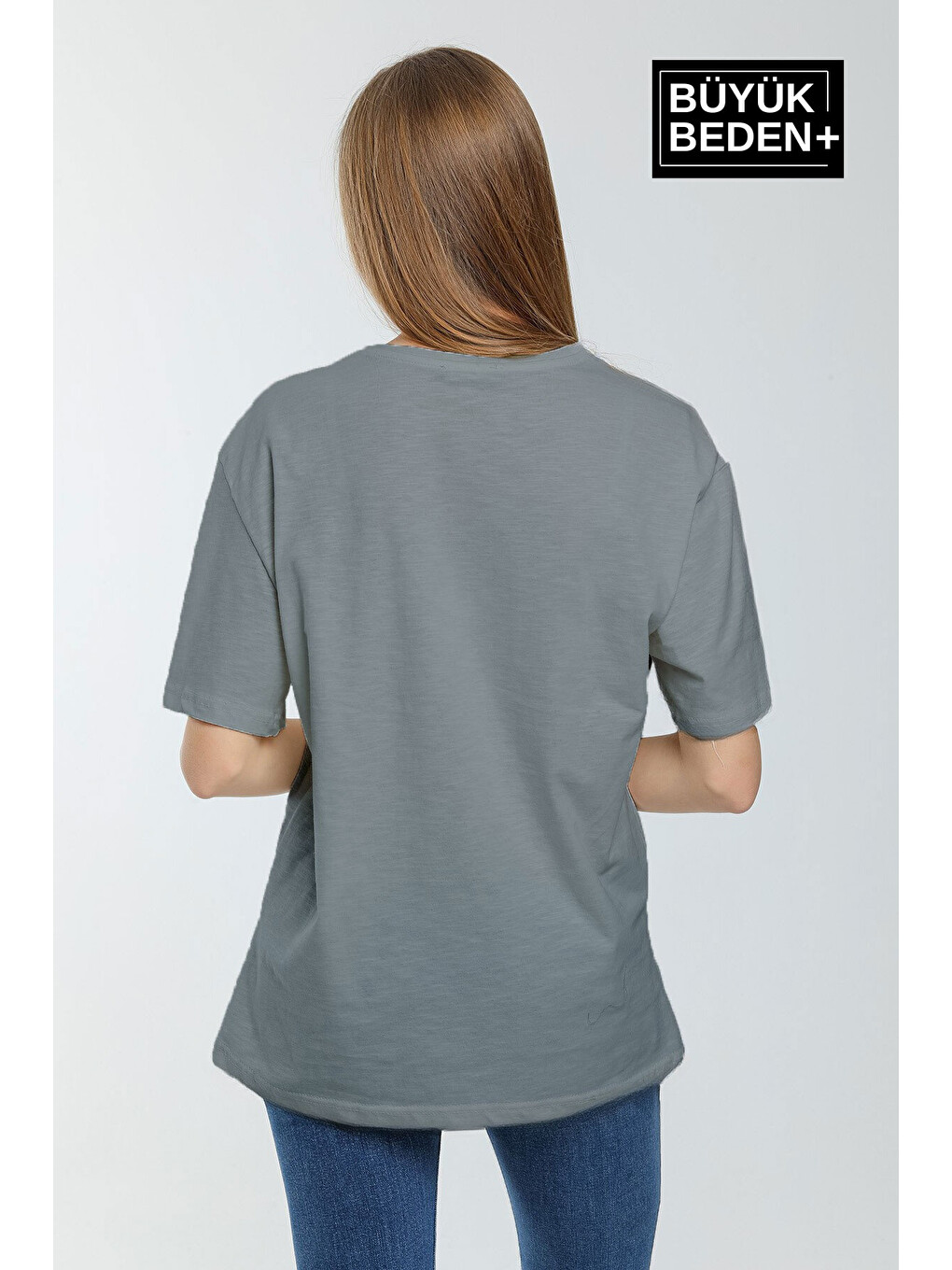 Gri Kadın Büyük Beden Orta Brooklyn Baskılı 3xl-6xl Bisiklet Yaka Tshırt SPR26BTSK510-8-1